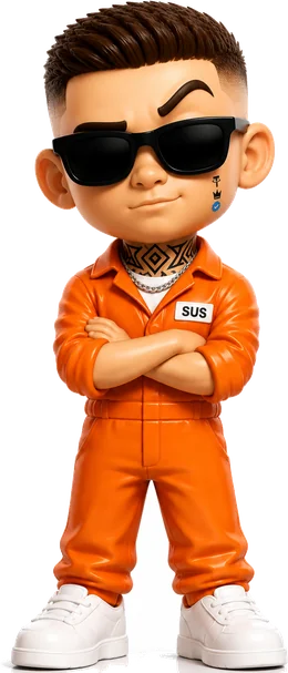Snitch, the SUS mascot: a glossy vinyl toy figure in an orange prison jumpsuit with a SUS chest patch, sunglasses on, arms crossed