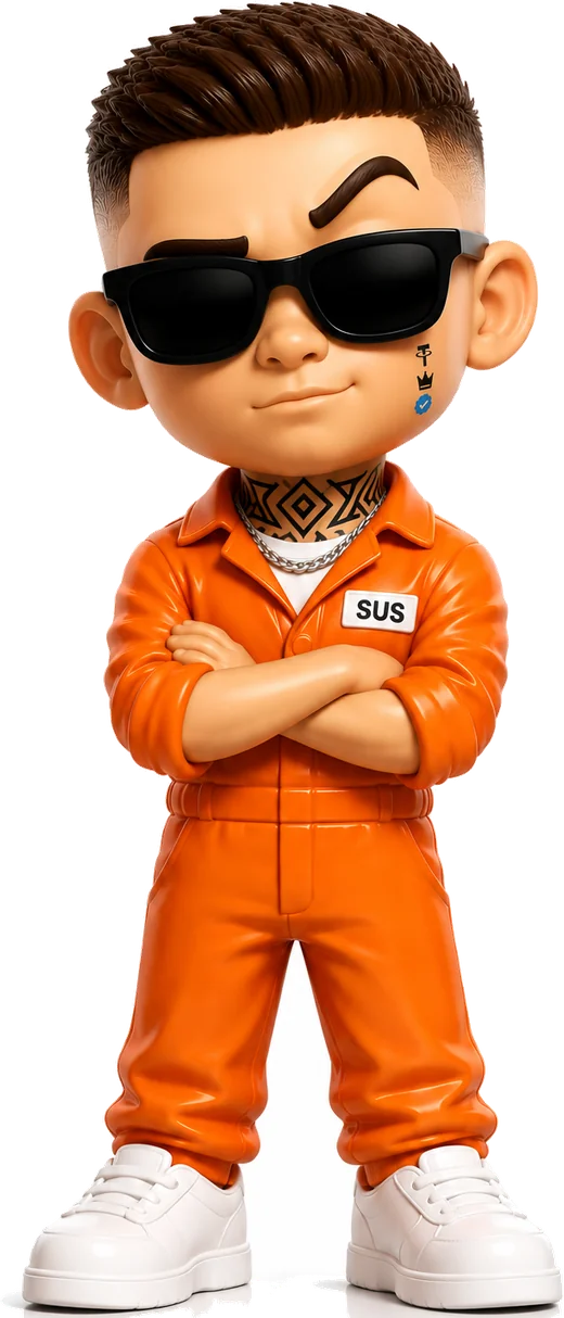 Snitch, the SUS mascot: a glossy vinyl toy figure in an orange prison jumpsuit with a SUS chest patch, sunglasses on, arms crossed